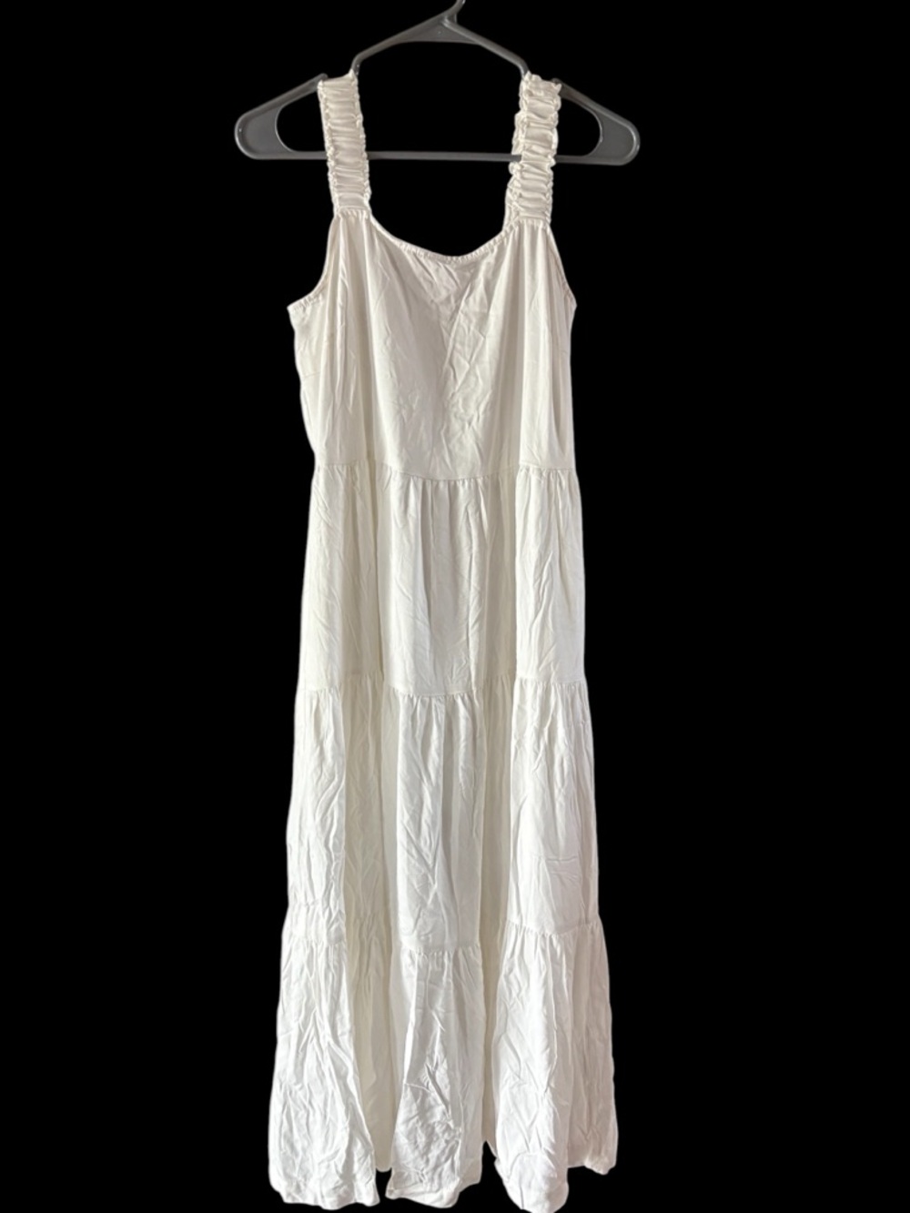 Women's White Tiered Maxi Dress with Ruched Straps